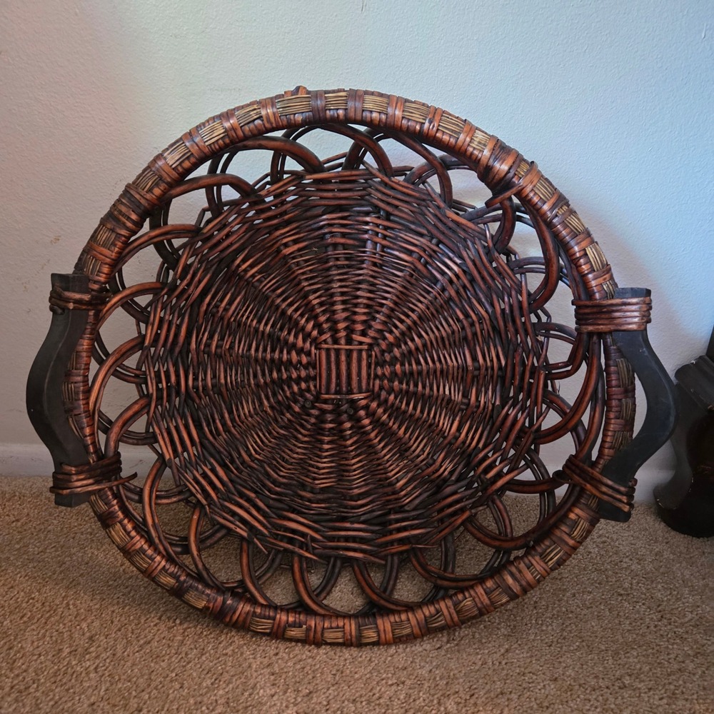 Wicker Basket Brown Round Woven Wood Handles Home Decor 18in